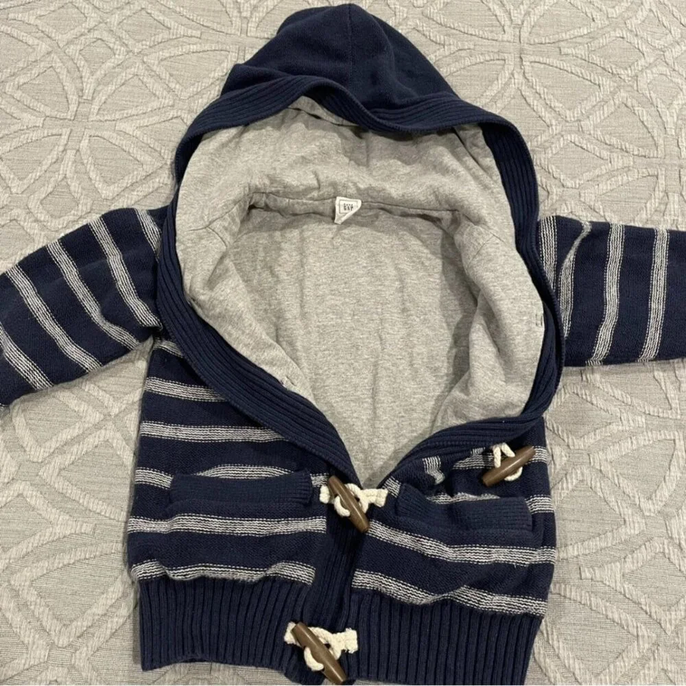 Baby Gap 4Y Navy Blue Striped Hooded Toggle Sweater